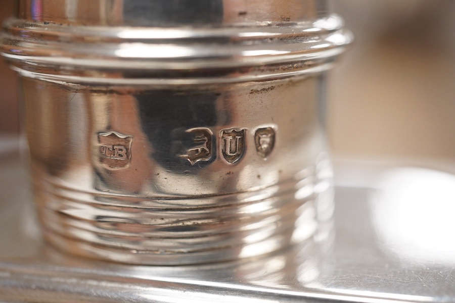 A late Victorian silver octagonal tea caddy, by Thomas Bradbury & Sons, London, 1895, 12.8cm and a Dutch? engraved white metal hexagonal silver marriage pot and cover, 8.3oz. Condition - poor to fair